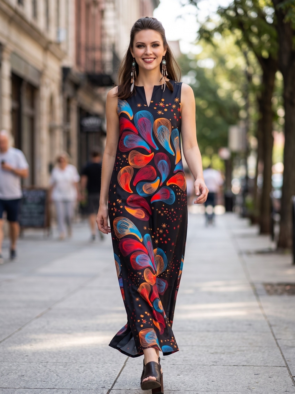 Sleeveless Black Maxi Dress with Multicolor Swirl Print